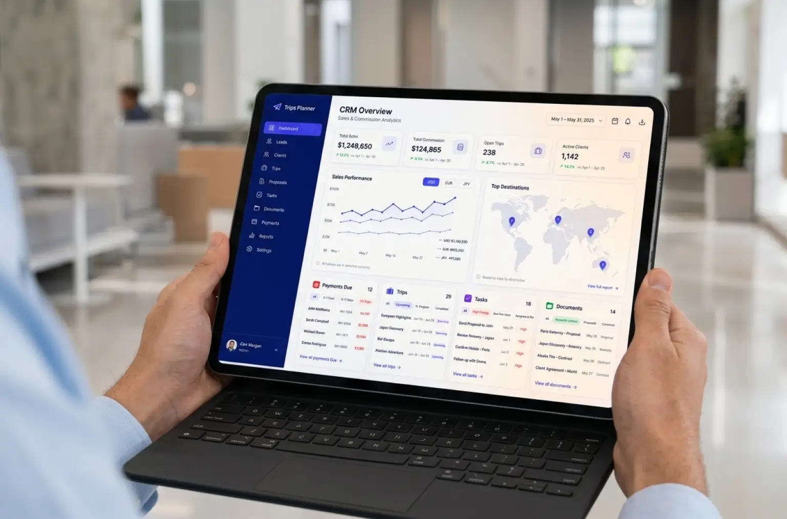 Trips Planner CRM overview on a tablet: sales and commission totals, a performance chart, a world map of destinations, and work queues
