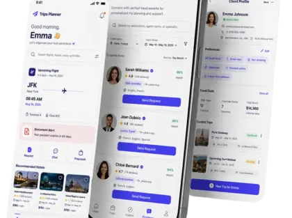 Trips Planner CRM for travel agents on three iPhones: traveler home, find-an-agent marketplace, and a client profile