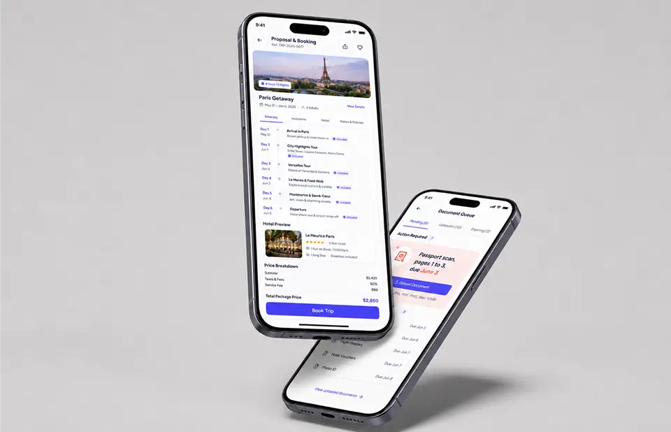 Two Trips Planner app screens: a Paris trip proposal with day-by-day itinerary and price, and a document task queue