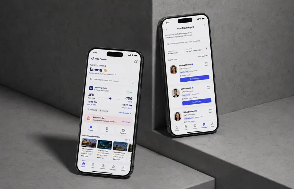 Two Trips Planner app screens: traveler home with upcoming flight and hotels, and the find-travel-agent list