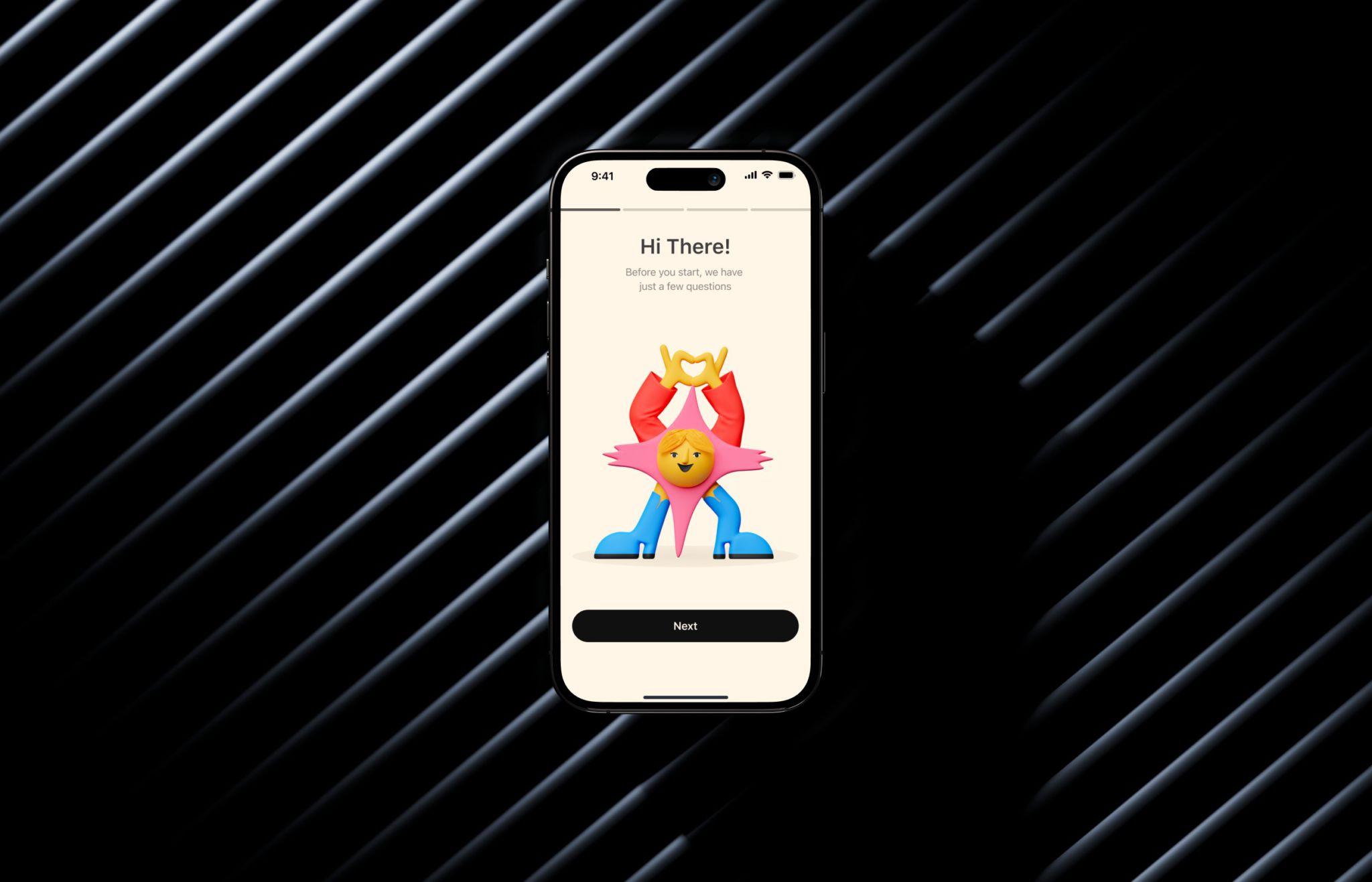 Phone showing the Virtual Chat Friend onboarding screen with a colourful character illustration and a Next button