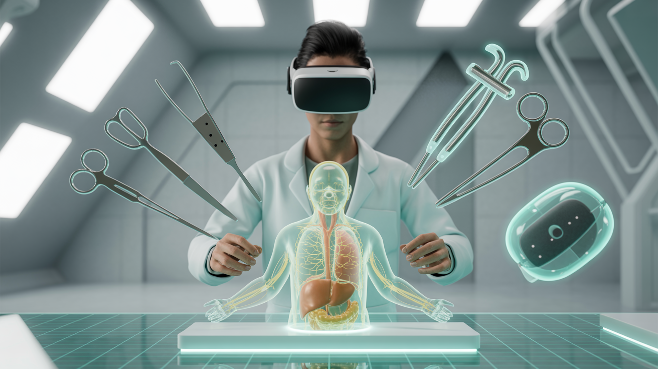 Medical student using VR surgery training with holographic anatomy — virtual reality in education