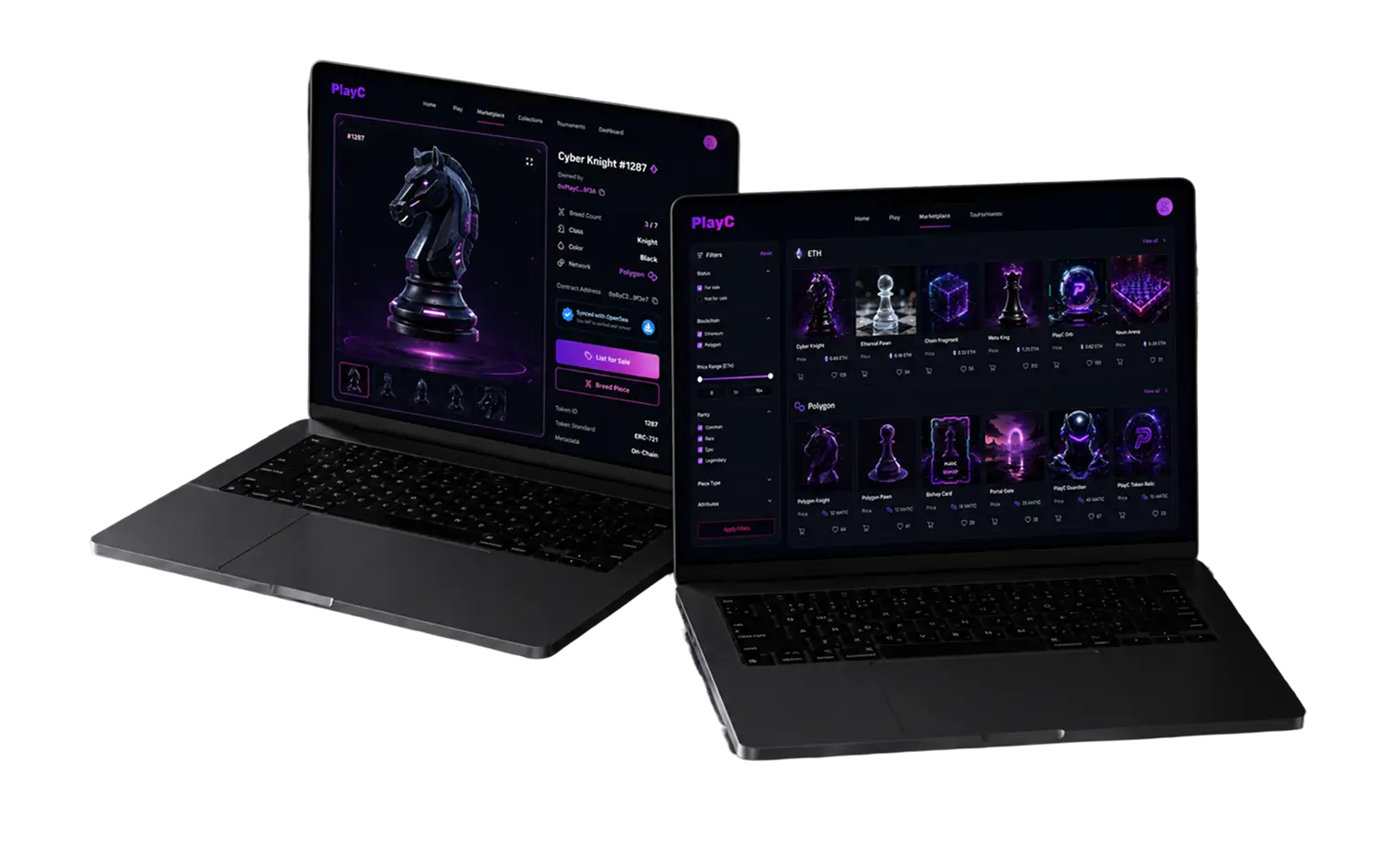 Two laptops showing the PlayC web3 chess game: a dark board with a glowing knight piece, and the NFT collection screen with chess piece variants