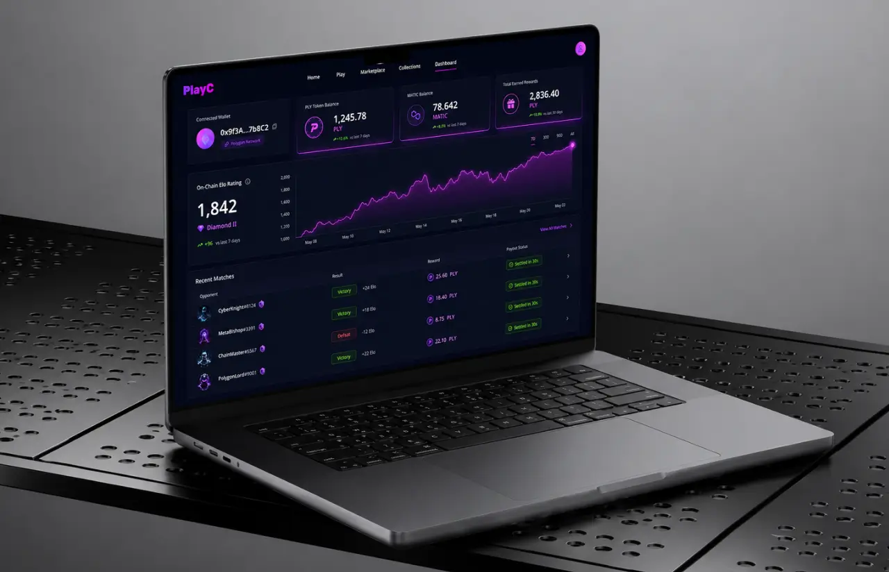 Laptop showing the Learn, Play and Earn landing screen of the web3 chess platform with crypto and NFT rewards