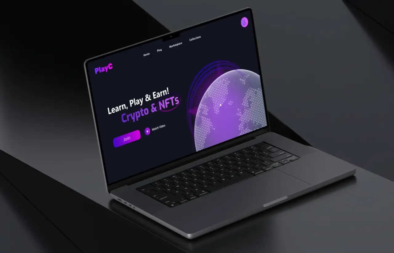 Laptop showing a play-to-earn chess platform landing screen with crypto and NFT rewards
