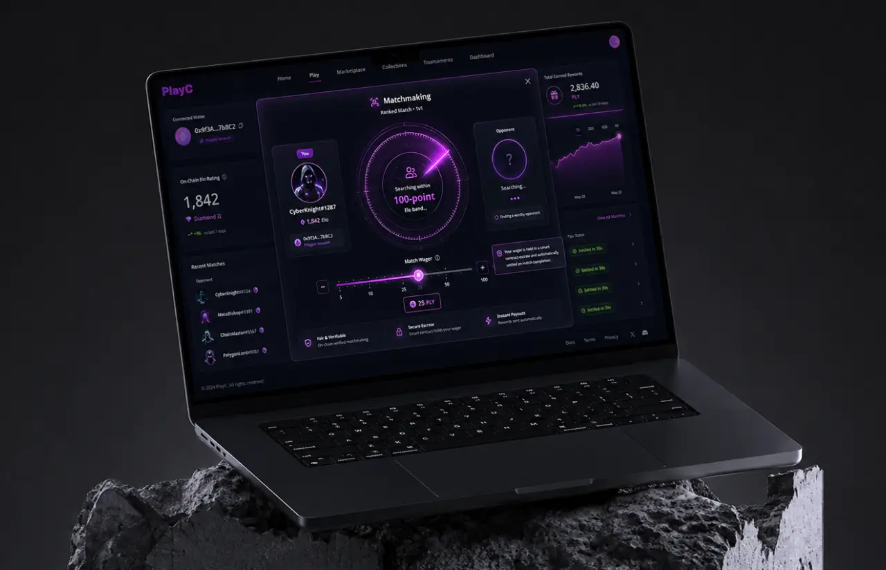 Laptop showing the player rewards dashboard with token balance, earnings breakdown and a ranked rewards list