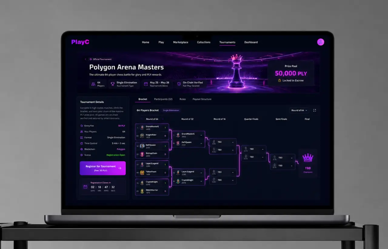 Laptop showing the Polygon Arena Masters tournament page with a 50,000 MATIC prize pool and the full bracket