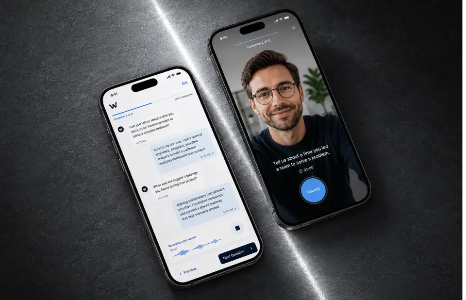 Two phones showing the Willo candidate interview as a chat thread with a recorded answer and the video recording screen with a Record button