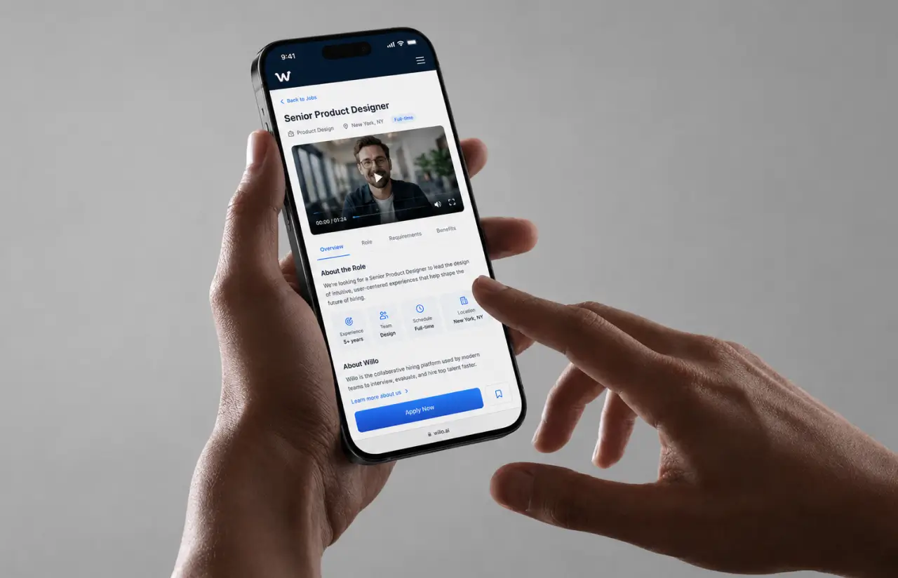 Hand holding a phone showing a Willo job listing with an intro video, role details and an Apply Now button
