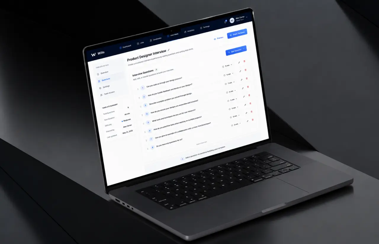 Laptop showing the interview template builder of a one-way video interview platform