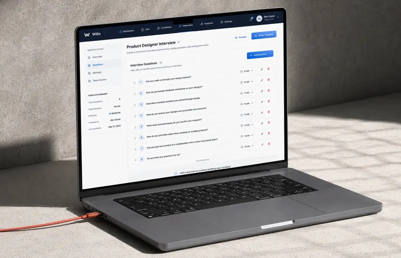 Willo interview template builder on a laptop listing eight interview questions with per-question time limits