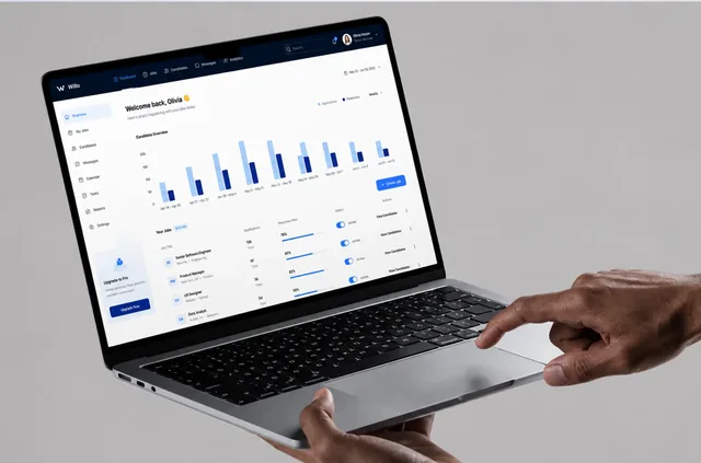 Willo recruiter dashboard on a laptop with a candidate overview bar chart and a list of active jobs showing application counts and response rates