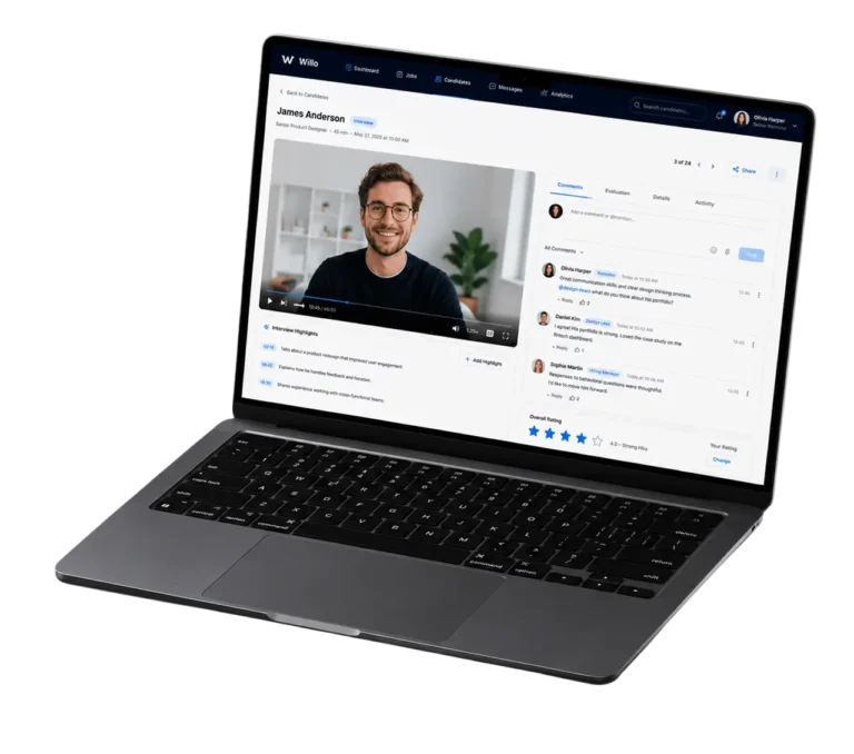 Willo recruiter dashboard on a laptop showing a candidate's video interview with team comments, evaluation tabs and an overall star rating