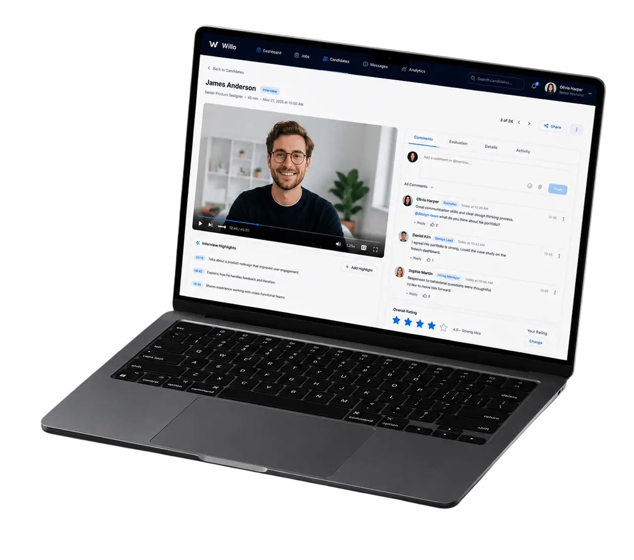 Willo recruiter dashboard on a laptop showing a candidate's video interview with team comments, evaluation tabs and an overall star rating