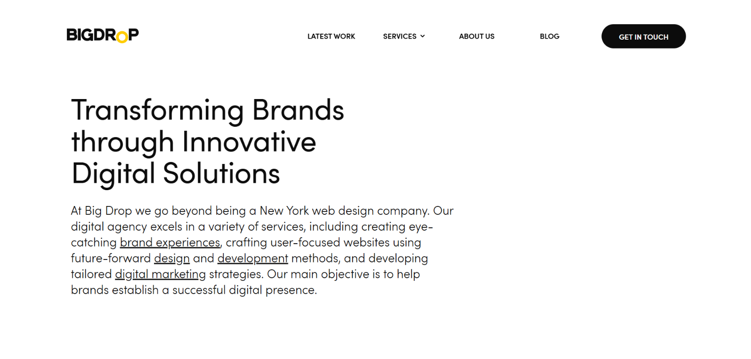 Big Drop homepage hero, Transforming Brands through Innovative Digital Solutions, describing the New York web design and digital agency.