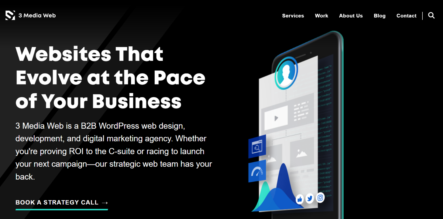 3 Media Web homepage hero, Websites That Evolve at the Pace of Your Business, for a B2B WordPress design, development and marketing agency.