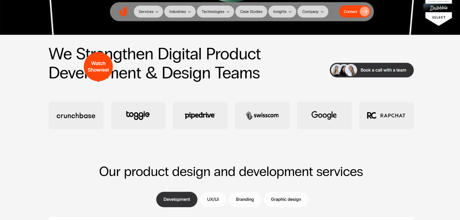 Fireart homepage: We Strengthen Digital Product Development and Design Teams, with client logos for Crunchbase, Toggle, Pipedrive, Swisscom and Google.