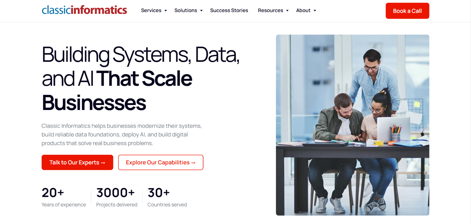 Classic Informatics homepage hero, Building Systems, Data, and AI That Scale Businesses, citing 20+ years, 3000+ projects and 30+ countries.