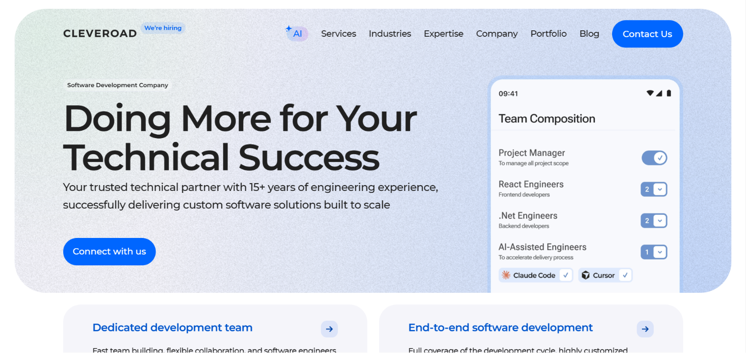 Cleveroad homepage hero, Doing More for Your Technical Success, with a team-composition panel listing project manager and React, .Net and AI engineers.