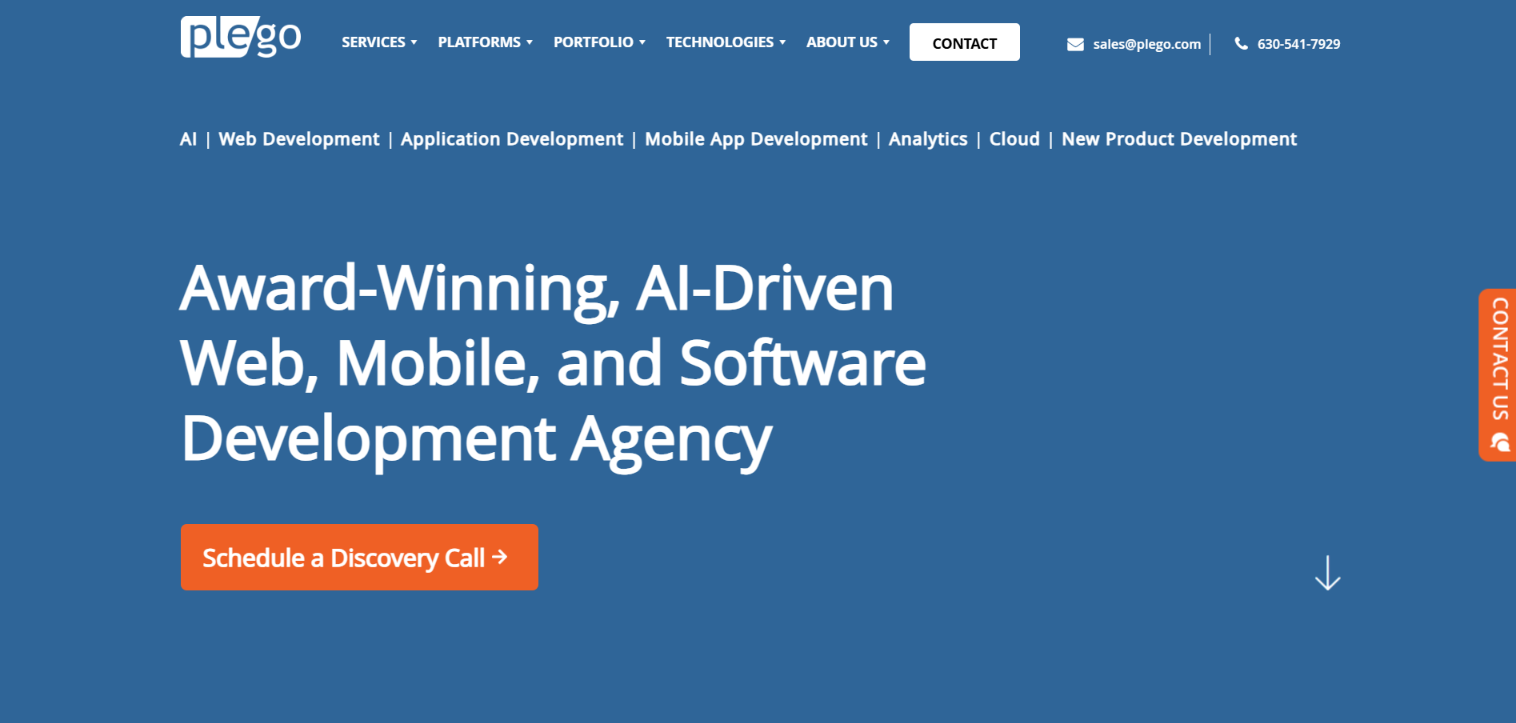 Plego homepage hero describing an award-winning, AI-driven web, mobile and software development agency, with a Schedule a Discovery Call button.