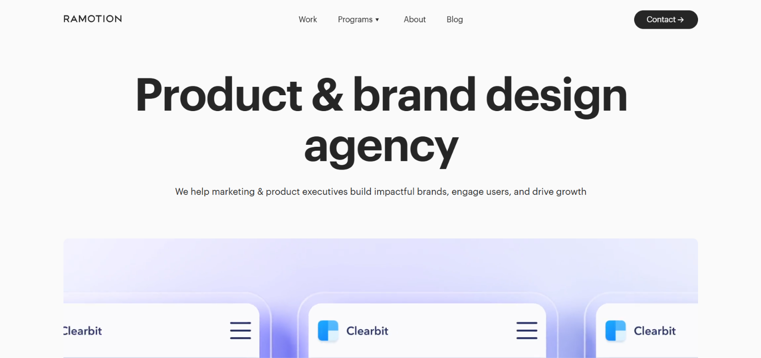 Ramotion homepage hero for a product and brand design agency helping marketing and product executives build brands and drive growth.