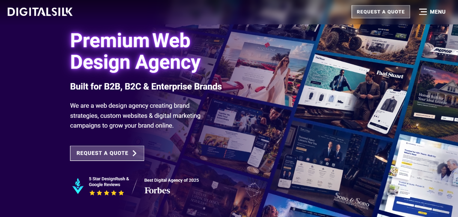 Digital Silk homepage hero for a premium web design agency for B2B, B2C and enterprise brands, tiled with client website screenshots.