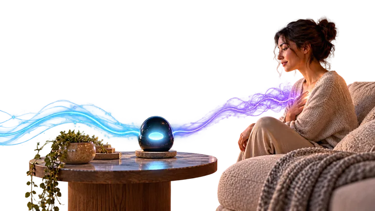 A woman relaxing on a sofa with her hand on her chest, connected by glowing blue-and-purple light streams to a softly lit egg-shaped device on a side table, suggesting a calming wellness or AI companion experience