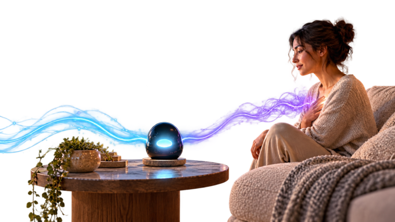 A woman relaxing on a sofa with her hand on her chest, connected by glowing blue-and-purple light streams to a softly lit egg-shaped device on a side table, suggesting a calming wellness or AI companion experience