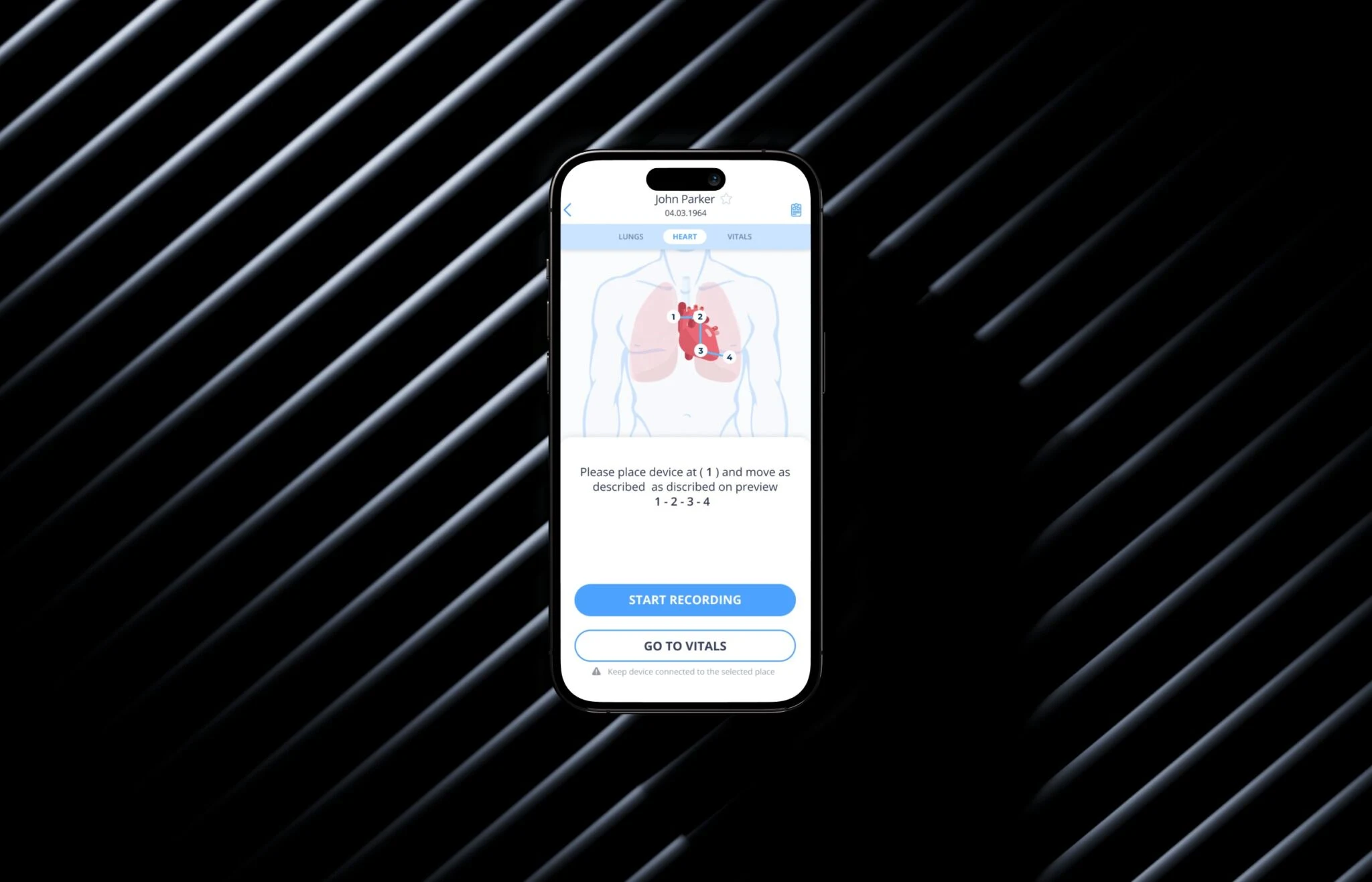 Remote patient monitoring app tracking records from Bluetooth devices