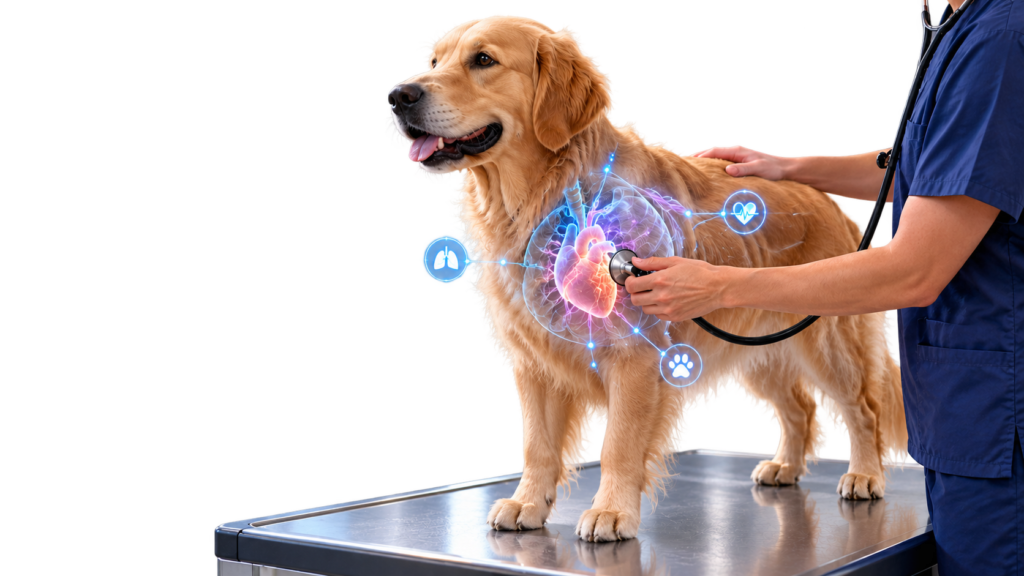 A veterinarian in blue scrubs examining a golden retriever with a stethoscope on an exam table, with holographic health icons — a glowing heart, lungs, heartbeat, and paw — overlaid on the dog, representing AI-powered veterinary diagnostics