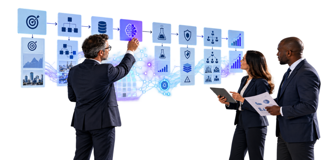 Three business professionals in front of a large holographic workflow — icons for goals, data, an AI brain, testing, security, and analytics connected in a pipeline — as one man points at the screen and the others review a tablet and report