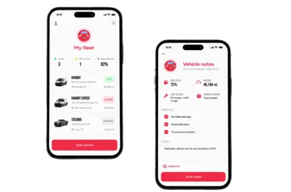 Two phones showing a fleet overview with three vans and their service status, and a vehicle notes screen with fuel level, mileage and a checklist