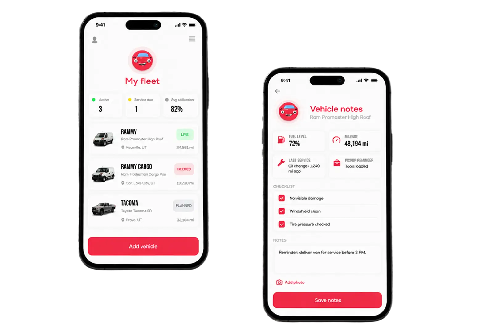 Two phones showing a fleet overview with three vans and their service status, and a vehicle notes screen with fuel level, mileage and a checklist