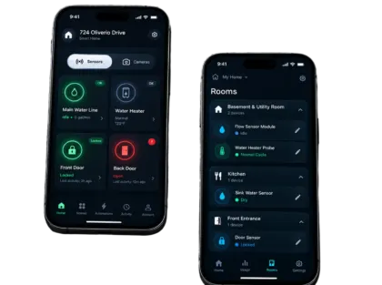 Two phones showing a smart home app with main water line, water heater and door sensor tiles, and a rooms list with flow, heater probe and sink water sensors.