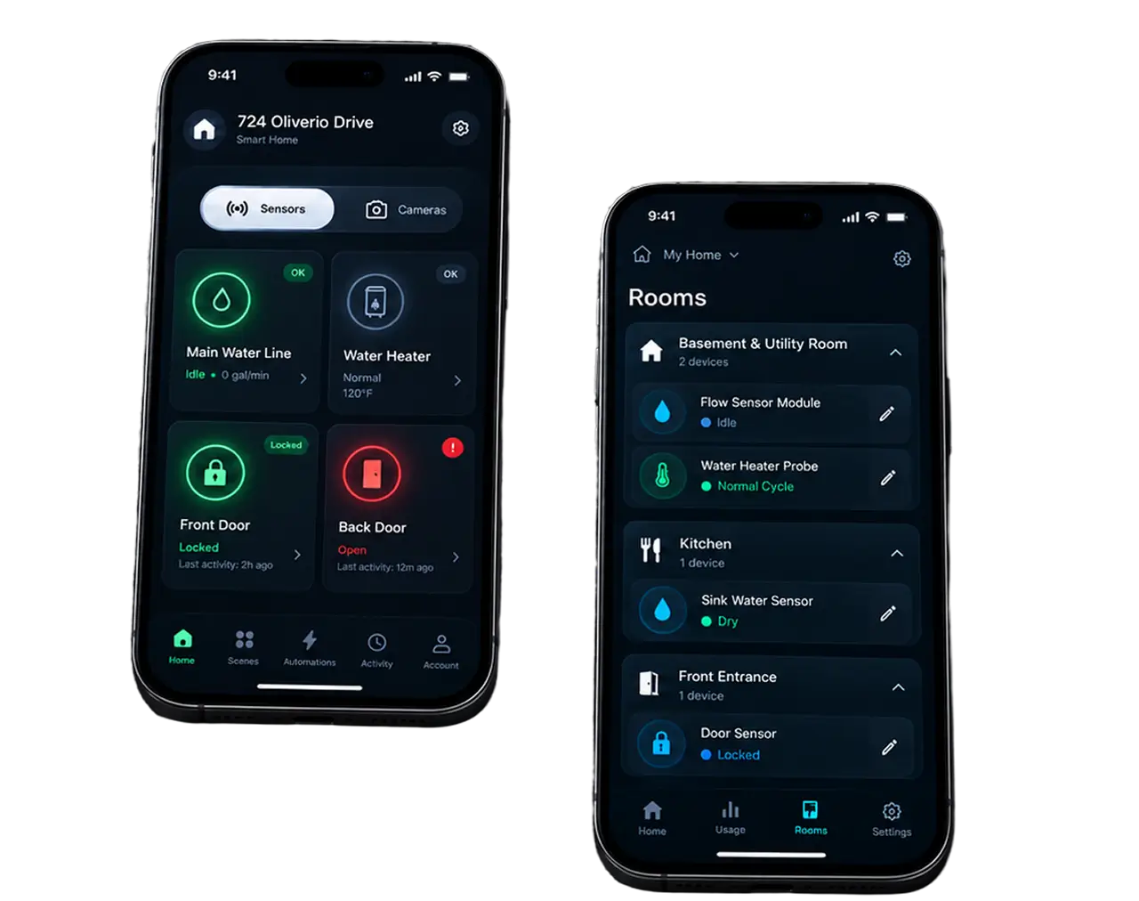 Two phones showing a smart home app with main water line, water heater and door sensor tiles, and a rooms list with flow, heater probe and sink water sensors.