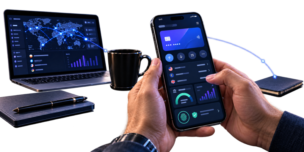 Hands holding a smartphone showing a fintech banking app — a bank card, balance, quick transfer actions, charts, and a fingerprint security check — with a laptop displaying a global analytics dashboard, a coffee mug, and a notebook on the desk