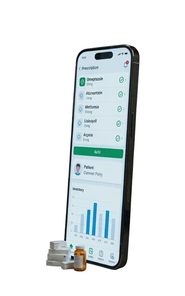A smartphone showing a prescription management app — a medication list (Omeprazole, Atorvastatin, Metformin, Lisinopril, Aspirin) with dosages and check marks, a "Refill" button, patient info, and an inventory chart, with medicine boxes and a pill bottle beside it