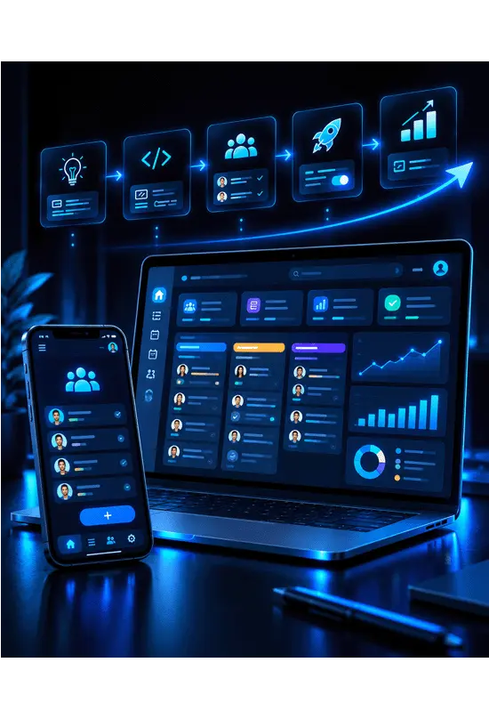 Project management dashboard displayed on a laptop and smartphone with team workflows, tasks, and performance analytics.