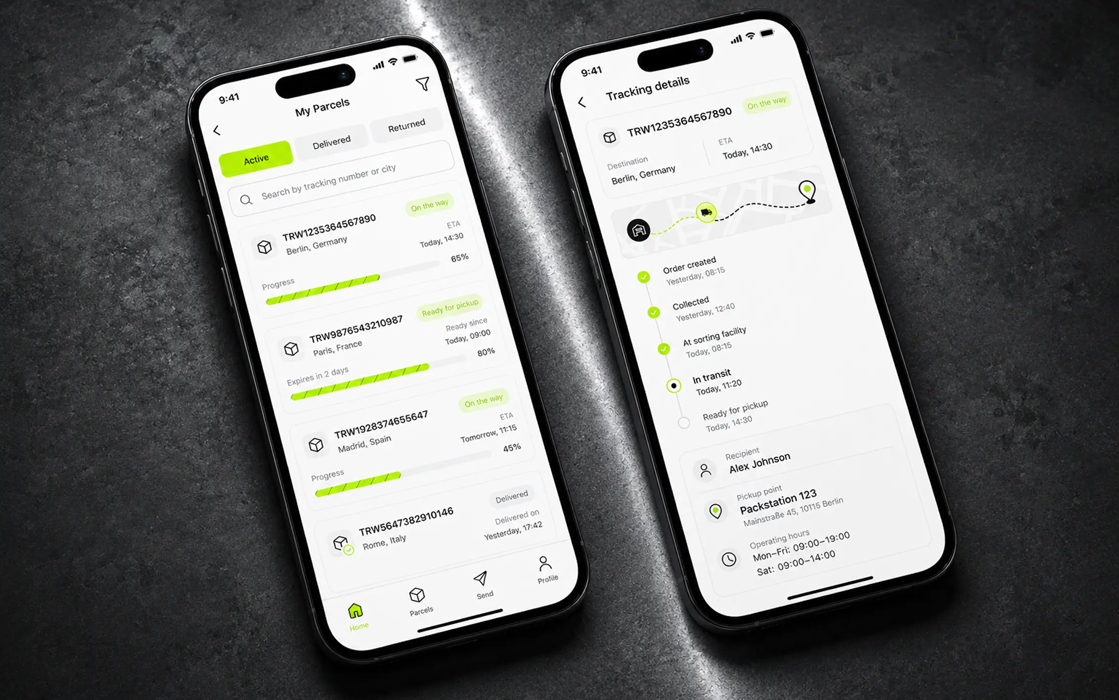 Two smartphones showing a parcel-delivery tracking app — a "My Parcels" list with shipment statuses and progress bars, and a "Tracking details" screen with a delivery timeline, route map, recipient, and pickup point