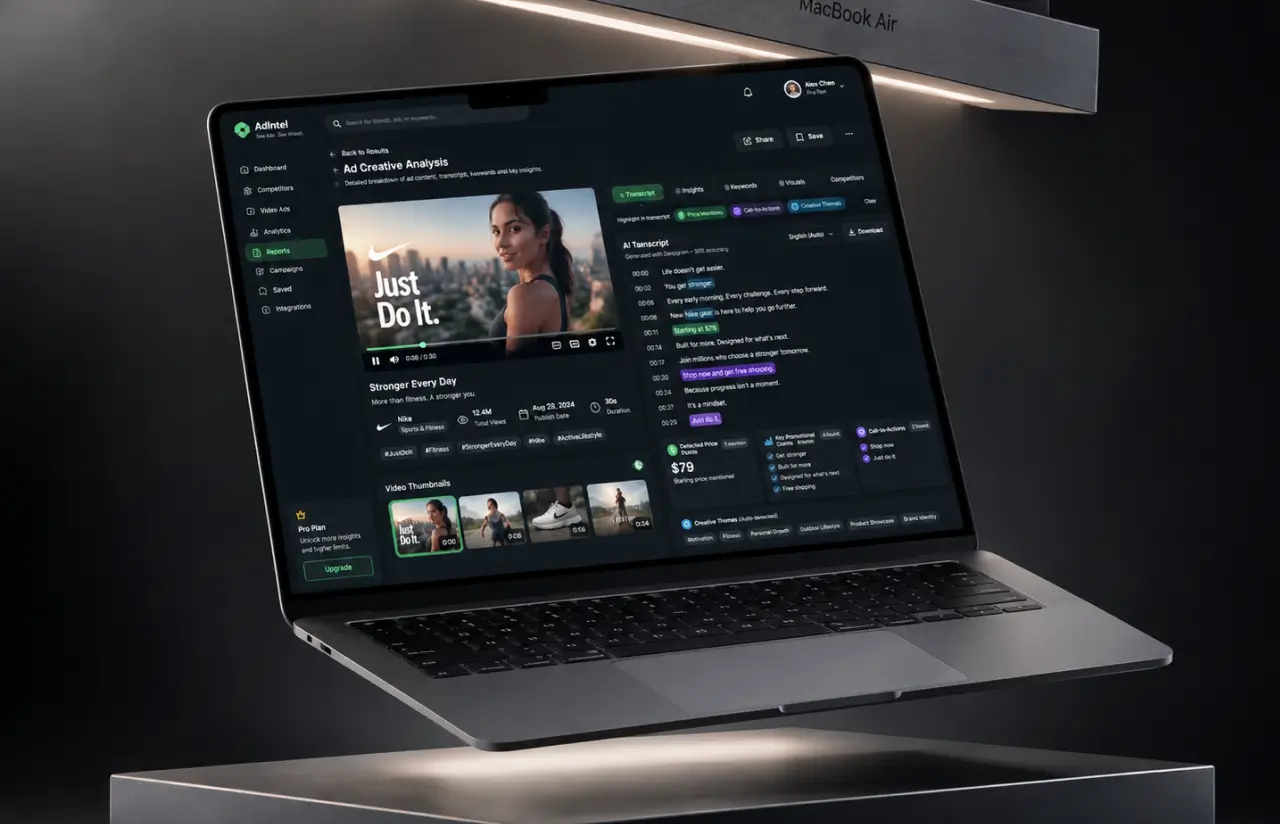 Ad creative analysis with the video playing next to its AI transcript and detected price and call-to-action tags