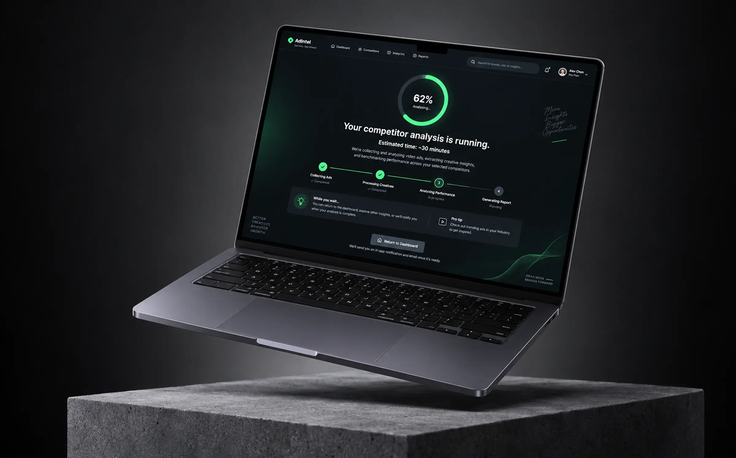 Status screen showing a competitor analysis running at 62% with an estimated time of about 30 minutes