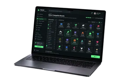 Ad intelligence platform screen for picking up to five competitor brands, with sixteen industry filters on the left