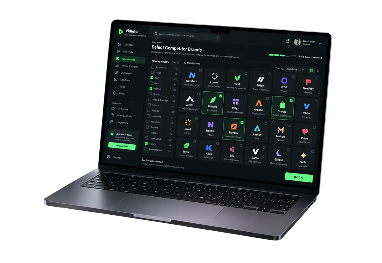 Ad intelligence platform screen for picking up to five competitor brands, with sixteen industry filters on the left
