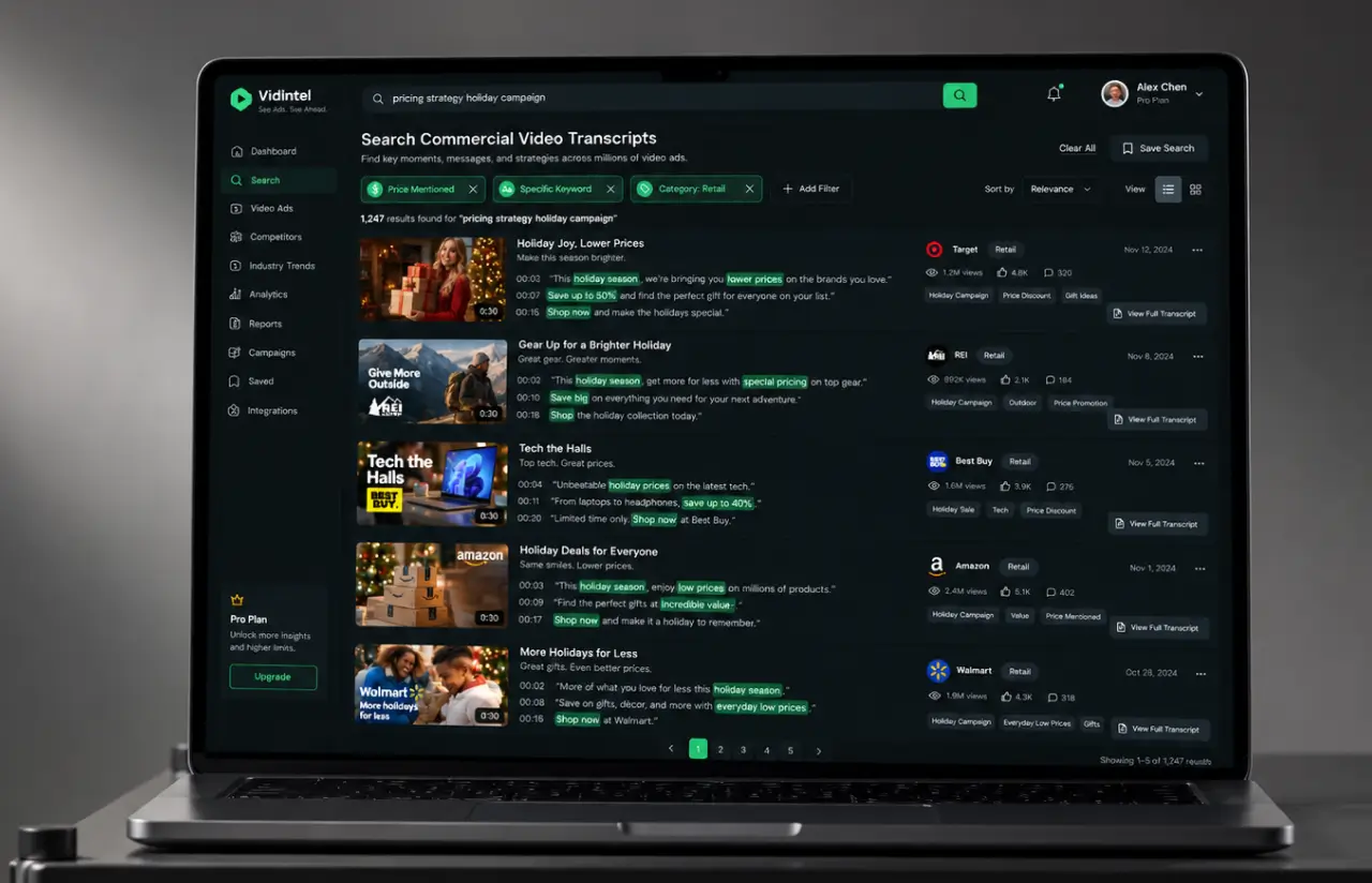 Transcript search across commercial videos, with matching phrases highlighted inside each ad's spoken text