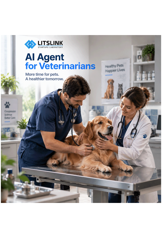 Two veterinarians examining a golden retriever on a clinic exam table, beside the LITSLINK heading “AI Agent for Veterinarians — more time for pets, a healthier tomorrow”