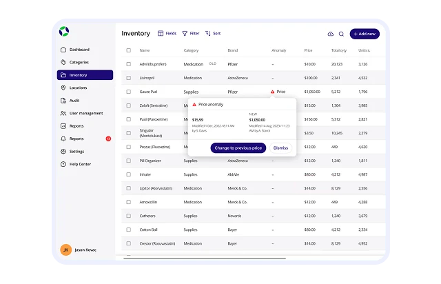 Screenshot of an inventory management dashboard with an AI price-anomaly alert: a product table listing name, category, brand, anomaly flag, price, total quantity and units, with an anomaly flagged on one row and a popover comparing the previous price with the new one and offering to change it back or dismiss it.