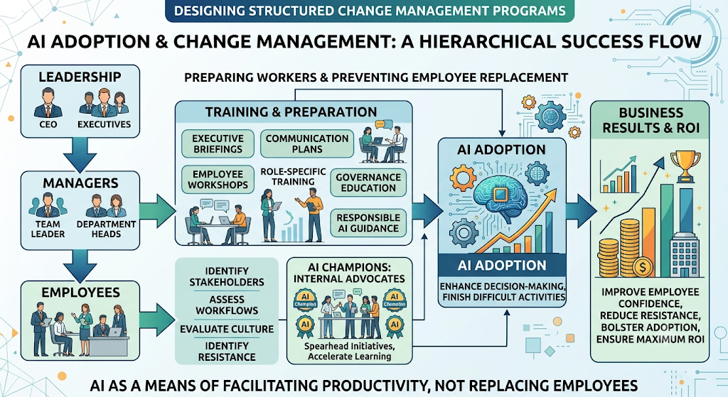 Change management flow: leadership, managers and employees feed into training and preparation and a group of internal AI champions, leading to AI adoption and business results.
