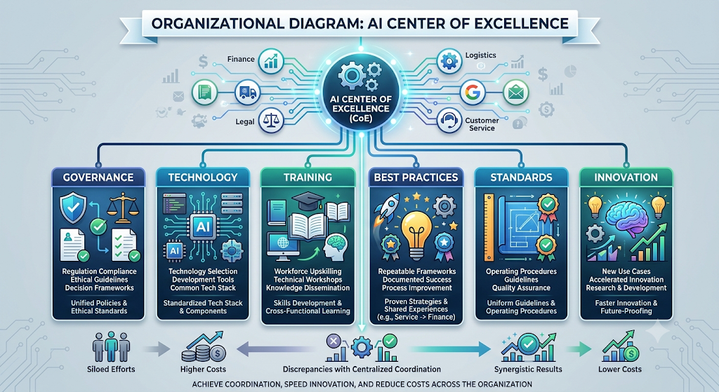 An AI Center of Excellence hub connected to departments such as finance, legal, logistics and customer service, supported by six pillars: governance, technology, training, best practices, standards and innovation.
