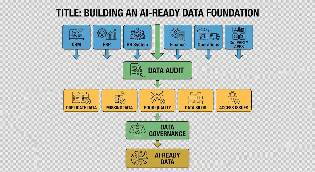 Data from CRM, ERP, HR, finance, operations and third-party apps passes through a data audit that surfaces duplicates, missing data, poor quality, silos and access issues, then data governance, producing AI-ready data.