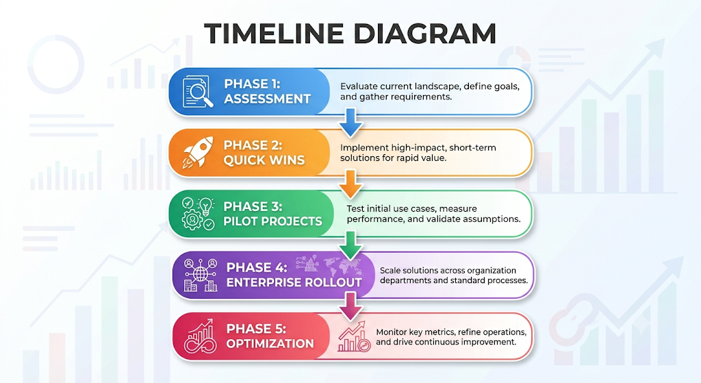 Five-phase roadmap: assessment, quick wins, pilot projects, enterprise rollout and optimization.